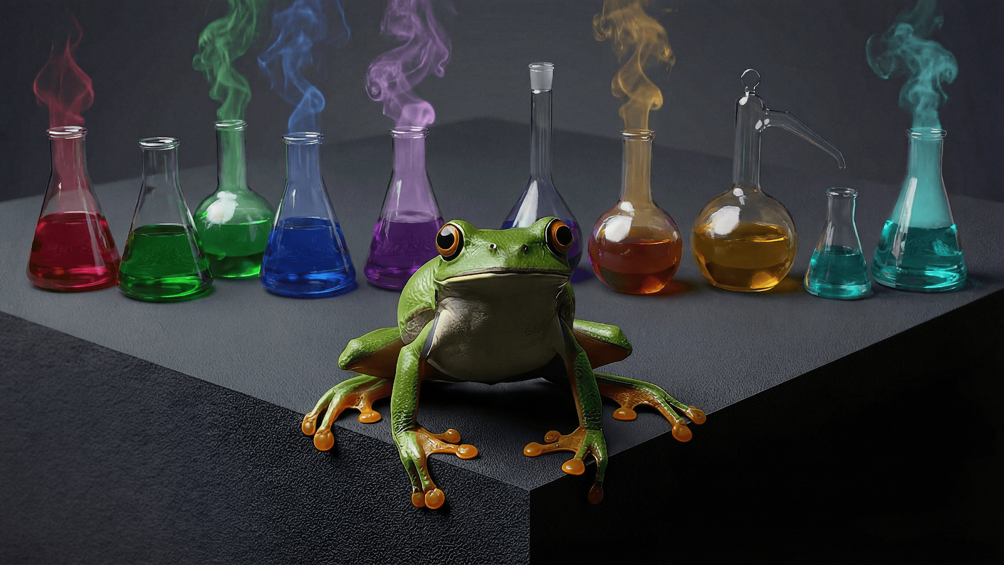 Green frog on a lab table surrounded by colorful beakers with rising smoke